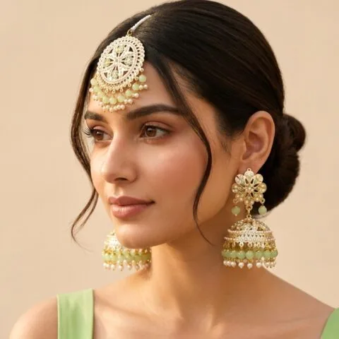 Tamanna Jadau Earrings with Maangtikka Pista Green
