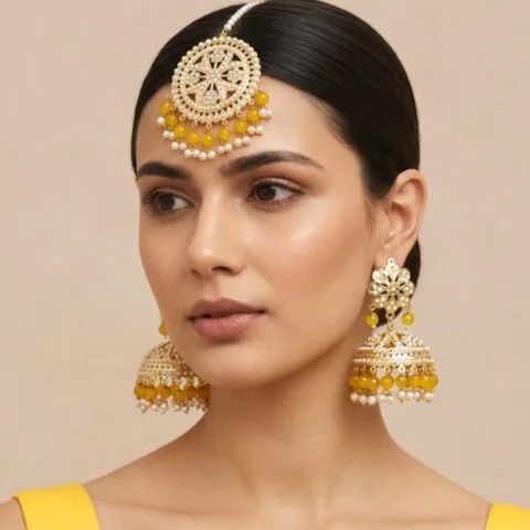 Tamanna Jadau Earrings with Maangtikka Yellow