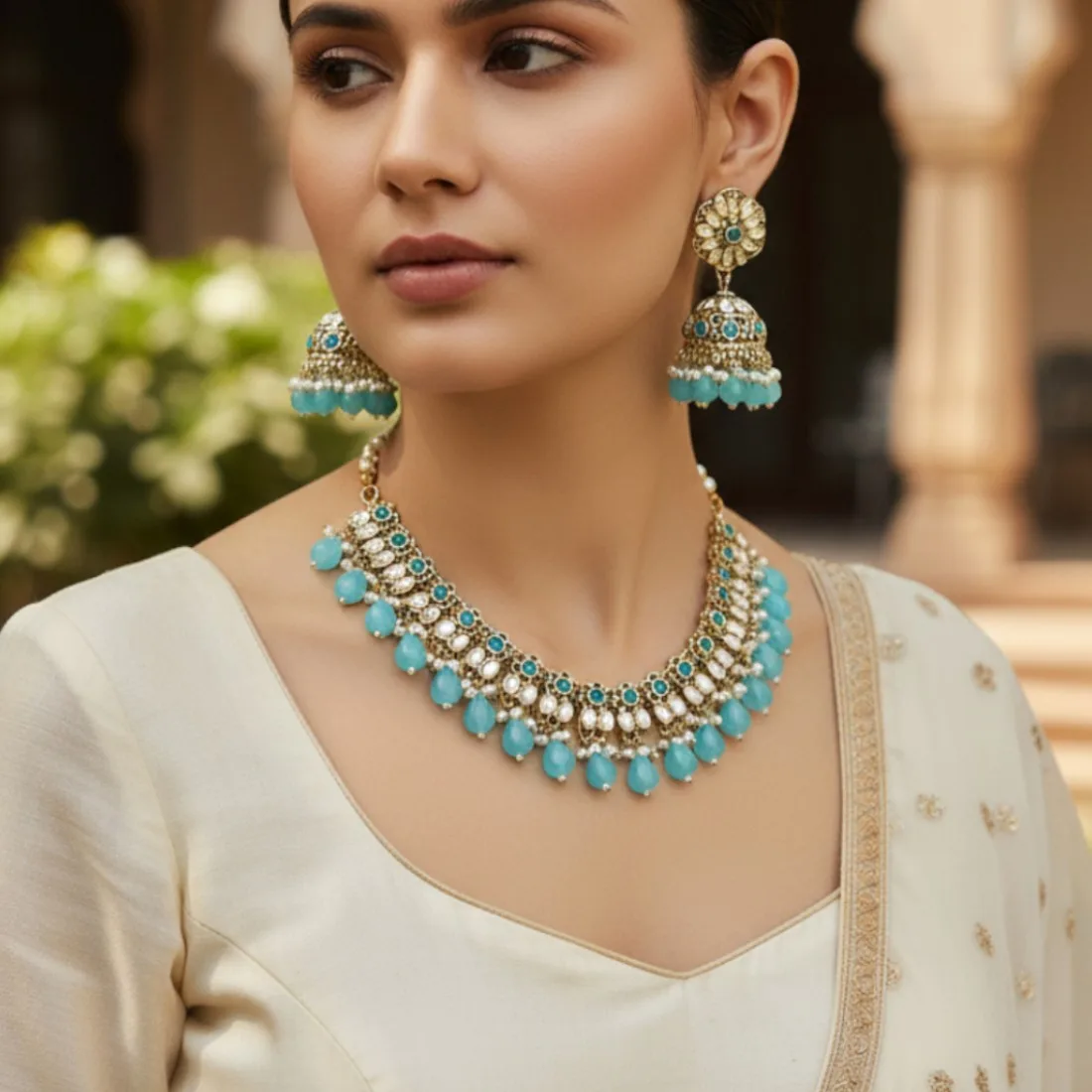 Katyayani Mirror Jewellery Set - Light Blue