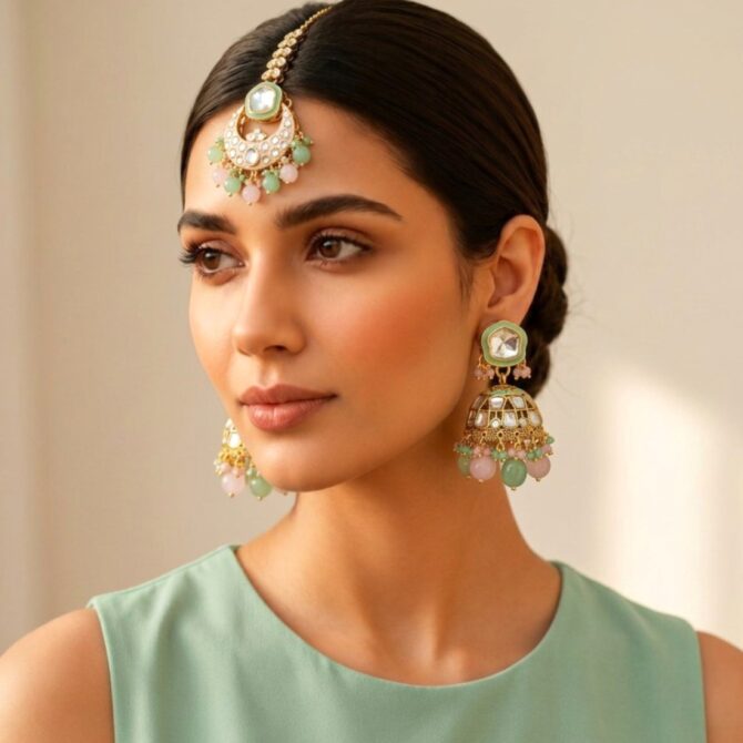 Pink Green Maangtikka with Earrings Pink Green Maangtikka with Earrings