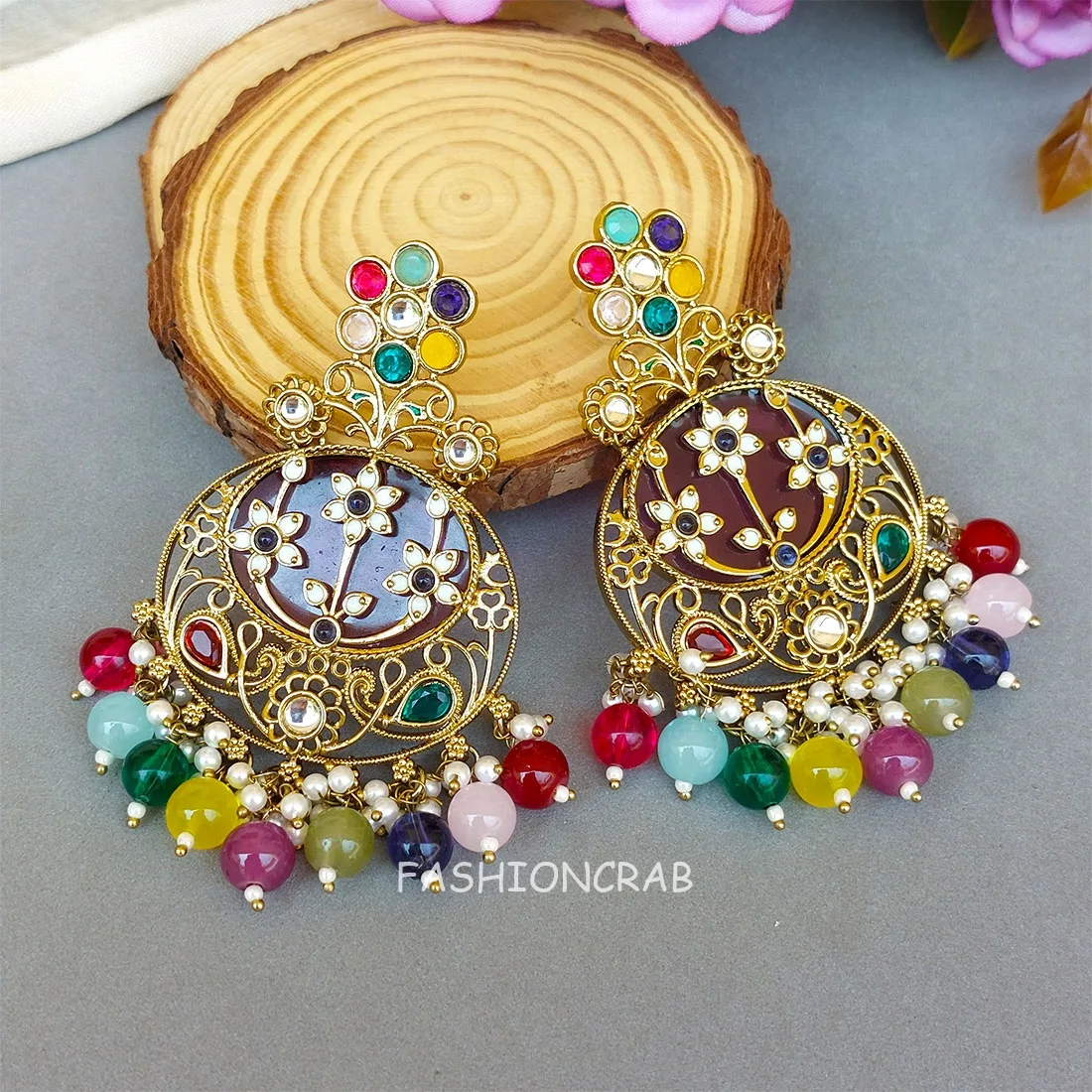 Geet Kundan Chandbali Earrings Multicolor