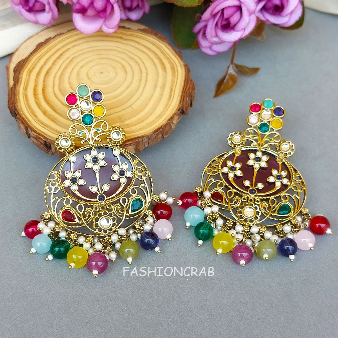 Geet Kundan Chandbali Earrings Multicolor