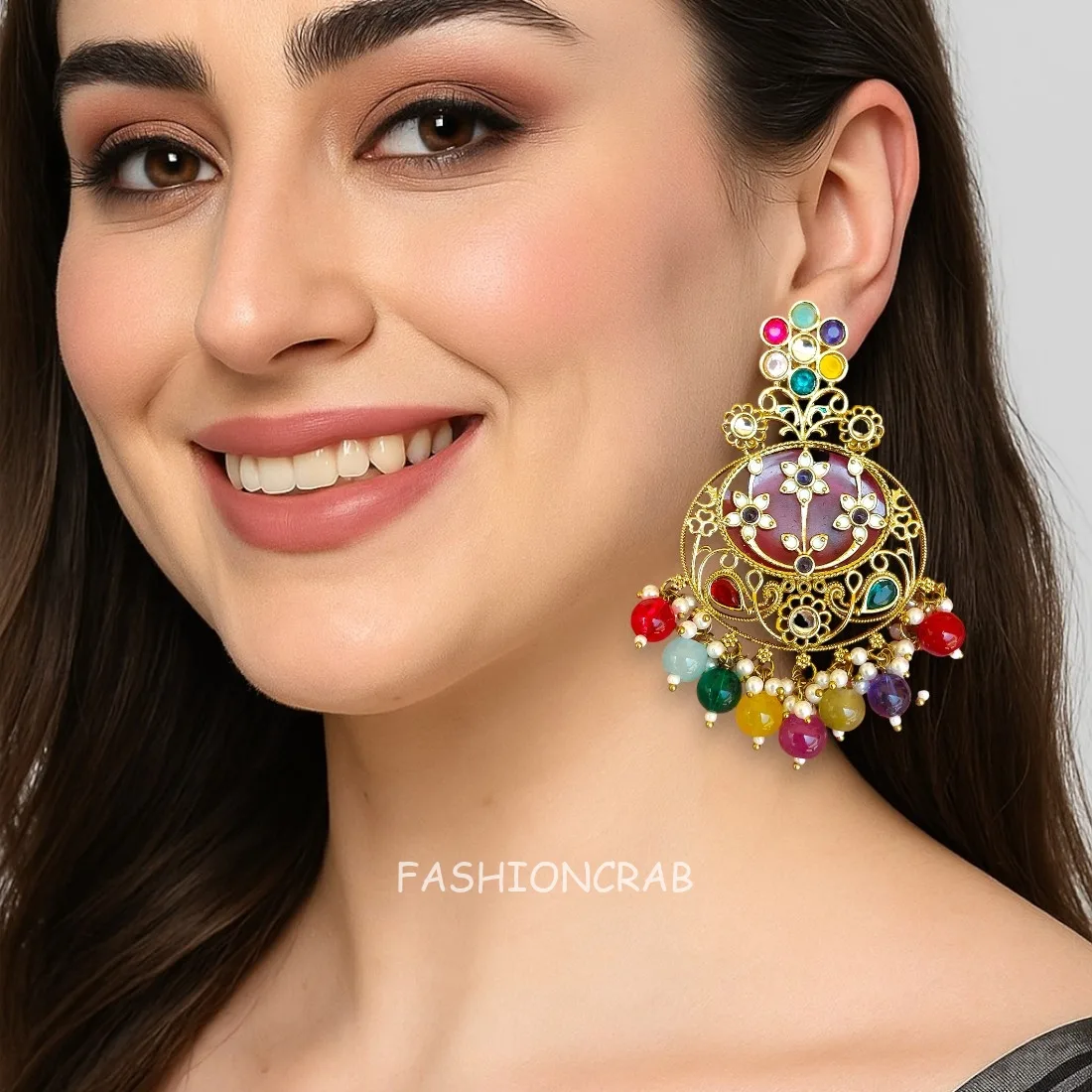 Geet Kundan Chandbali Earrings Multicolor