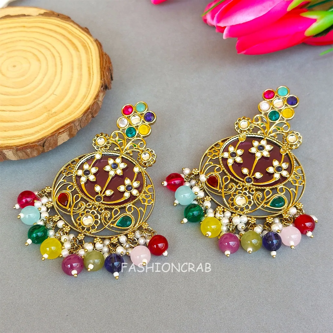 Geet Kundan Chandbali Earrings Multicolor