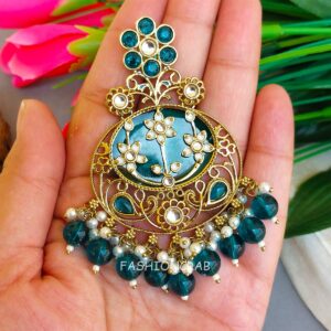 Geet Kundan Chandbali Earrings Peacock Blue