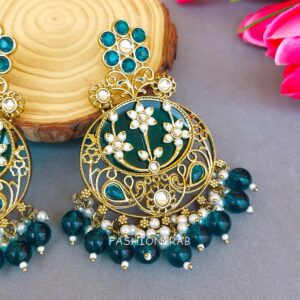 Geet Kundan Chandbali Earrings Peacock Blue
