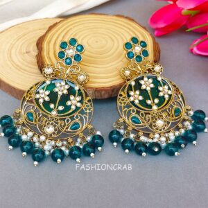 Geet Kundan Chandbali Earrings Peacock Blue