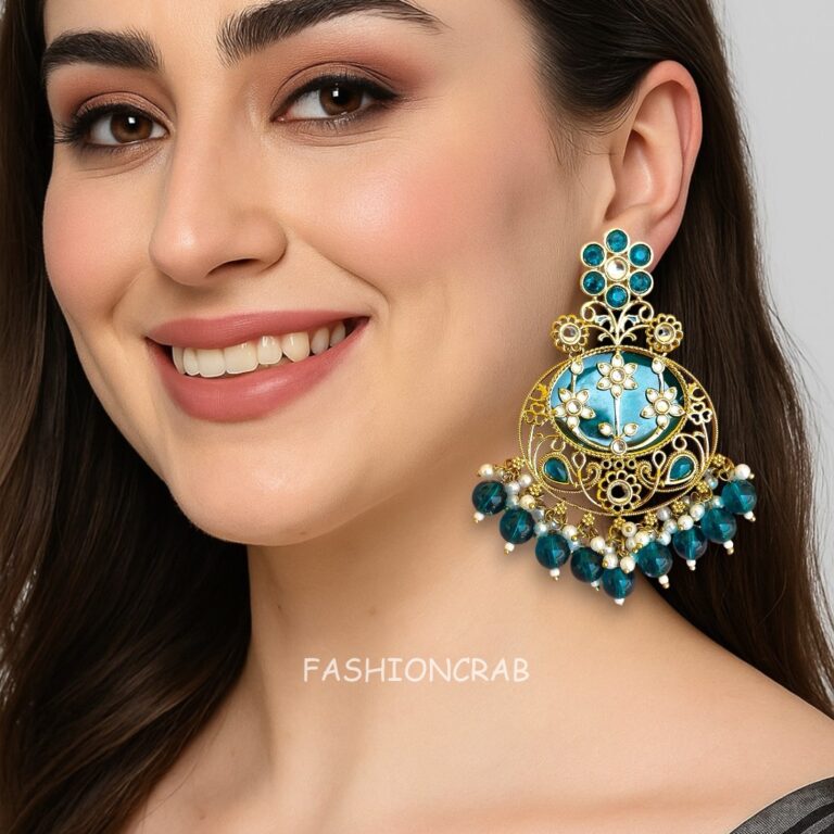 Geet Kundan Chandbali Earrings Peacock Blue
