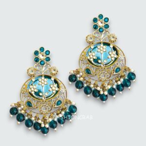 Geet Kundan Chandbali Earrings Peacock Blue