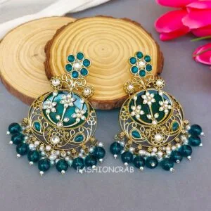 Geet Kundan Chandbali Earrings Peacock Blue