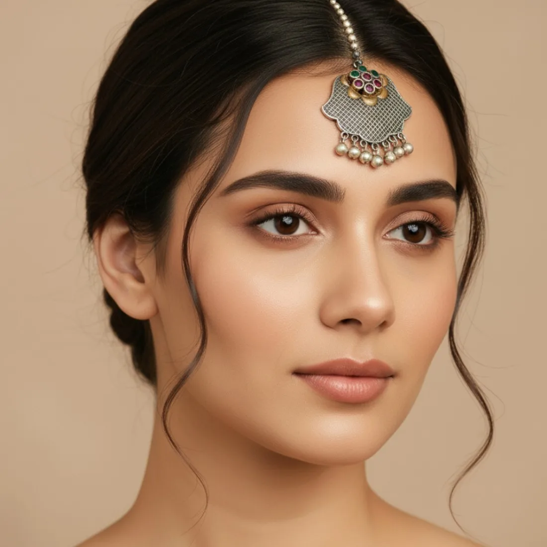 Oxidised Maang Tikka - Pink Green