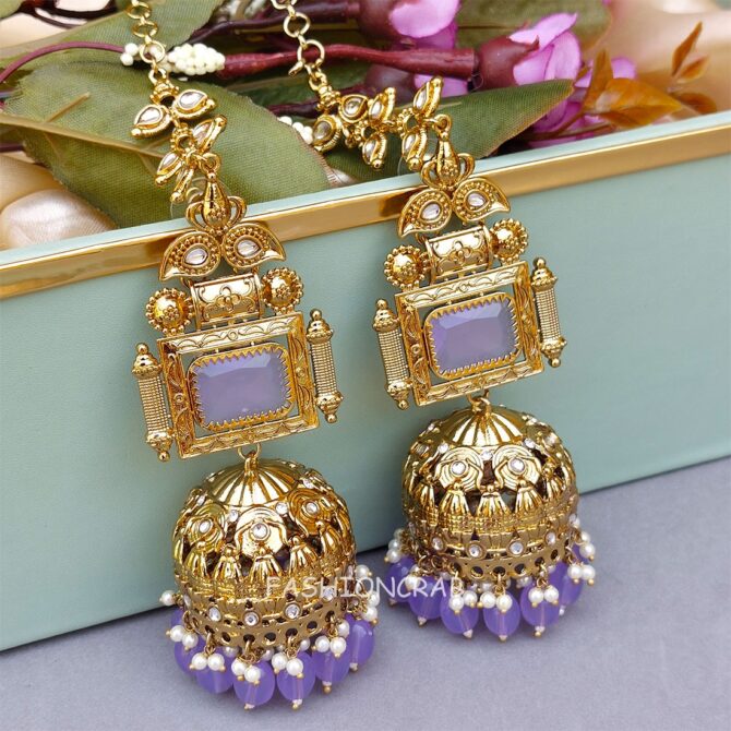 Sophia Big Kundan Jhumka - Lavender Sophia Big Kundan Jhumka - Lavender