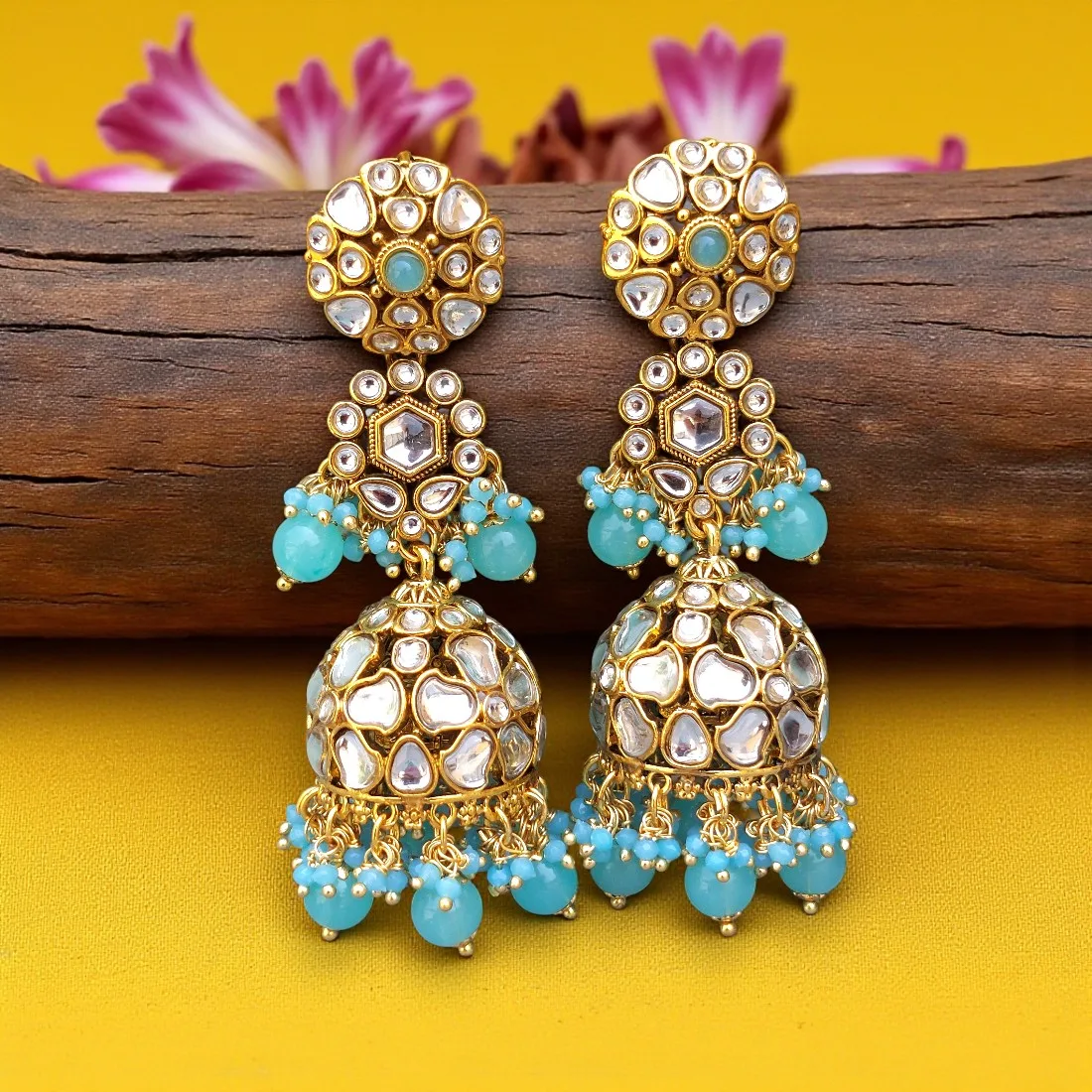 Zainab Blue Kundan Jhumka Earrings