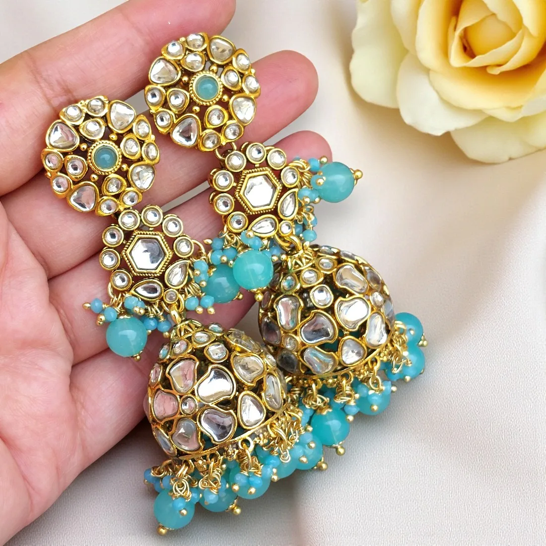 Zainab Blue Kundan Jhumka Earrings