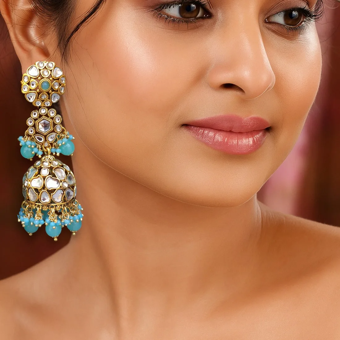Zainab Blue Kundan Jhumka Earrings