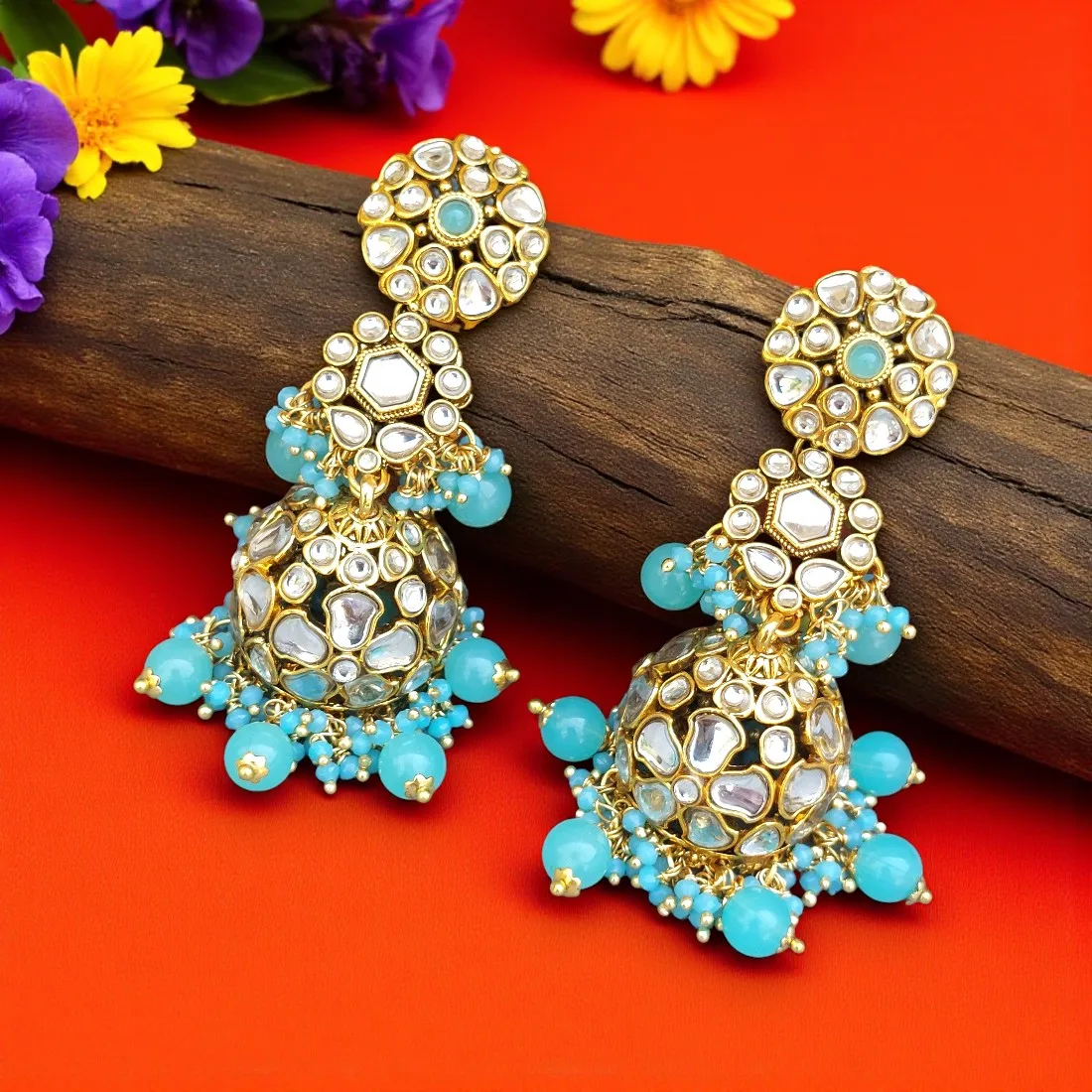 Zainab Blue Kundan Jhumka Earrings
