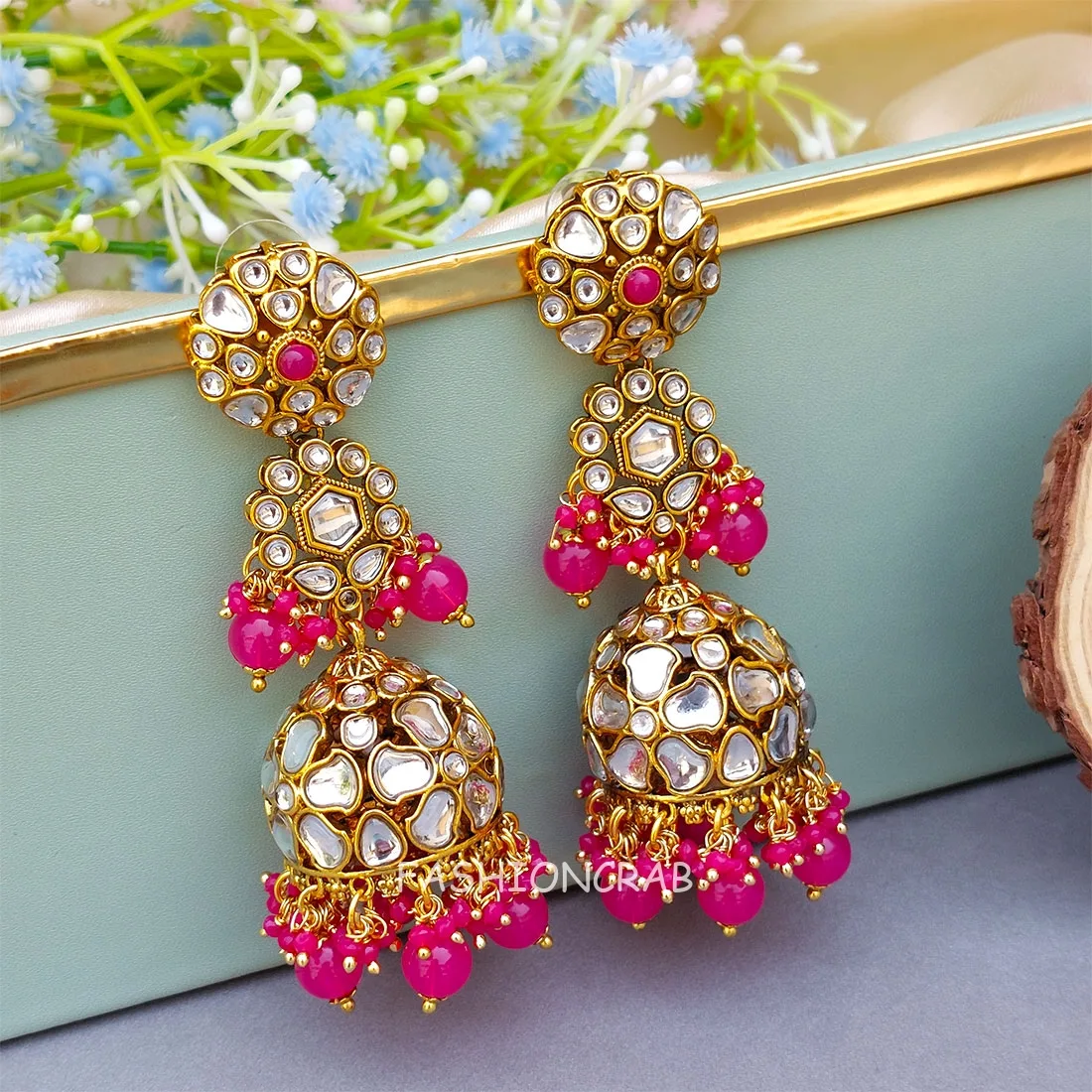 Zainab Kundan Jhumka - Pink