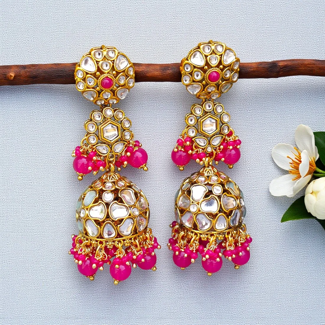 Zainab Pink Kundan Jhumka Earrings