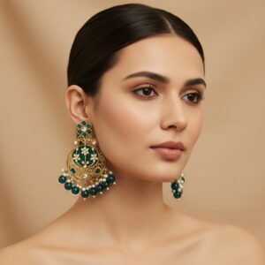 Geet Kundan Peacock Blue Chandbali Earrings