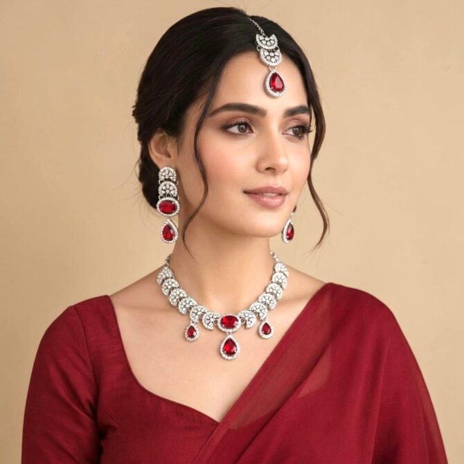 Nimisha Red American Diamond Necklace Set-02