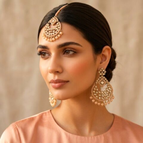 Peach Color Maangtikka Set with Earrings