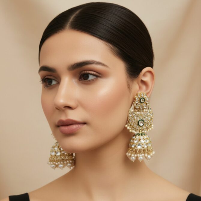 Soundarya Kundan Jhumka Earrings - White-07 Soundarya Kundan Jhumka Earrings - White