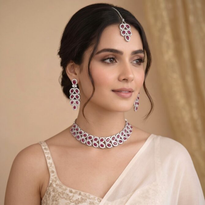 Zeenat Pink AD Necklace Set-02 Zeenat Pink AD Necklace Set
