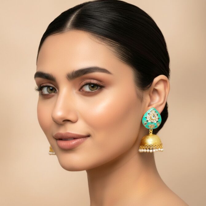 Alia Mint Green Meenakari Jhumka Earrings-05