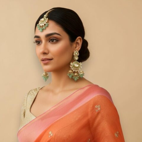 Ishira Kundan Earrings and Maangtikka - Green