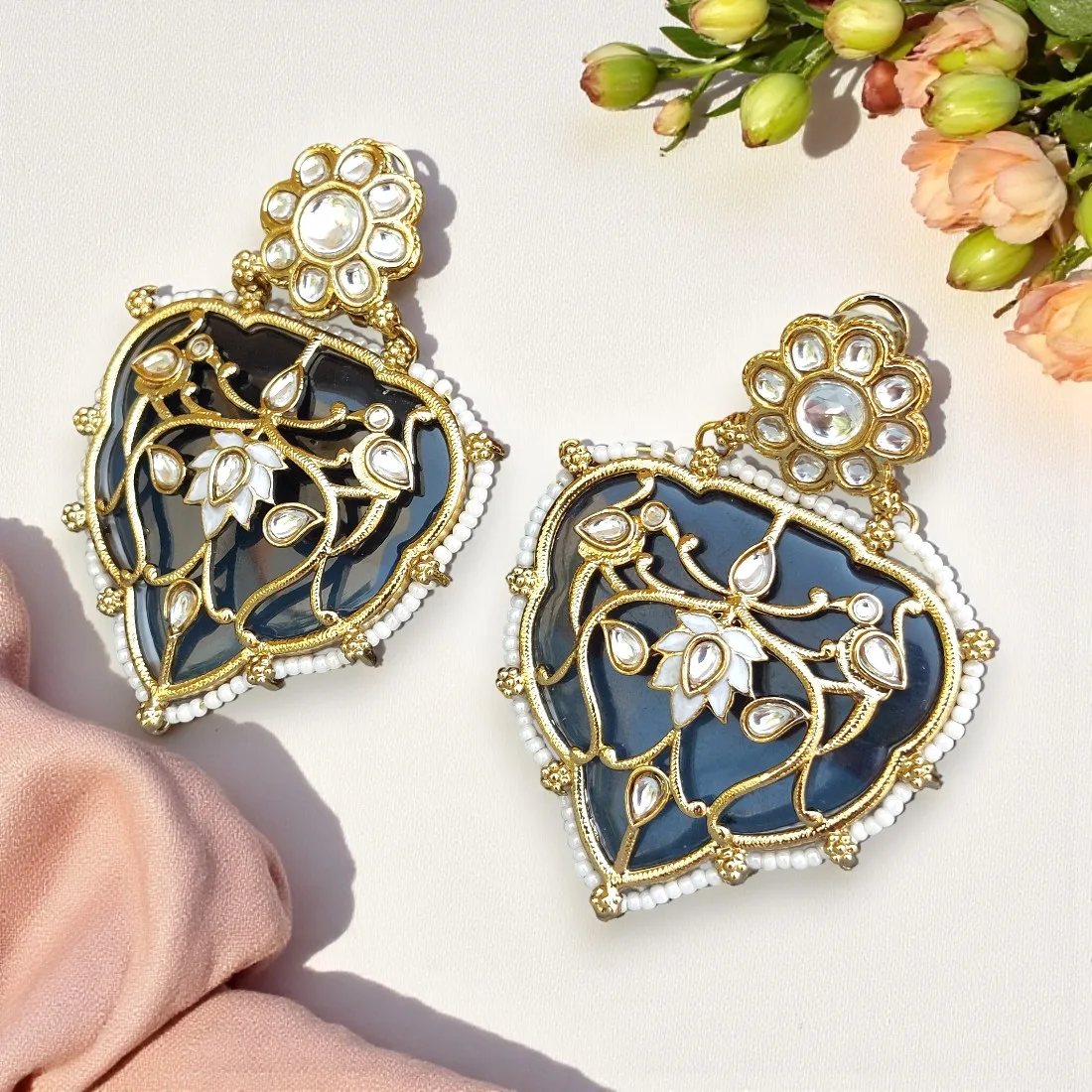 Jiyana Blue Big Kundan Earrings