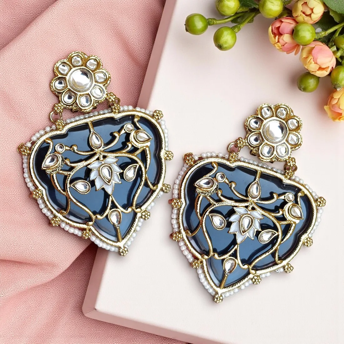 Jiyana Blue Big Kundan Earrings