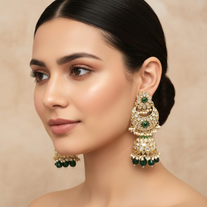Soundarya Kundan Jhumka Earrings - Green-10