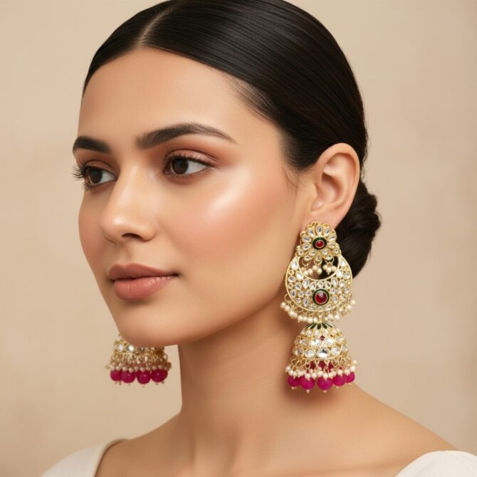Soundarya Kundan Jhumka Earrings - Pink-07 Soundarya Kundan Jhumka Earrings - Pink