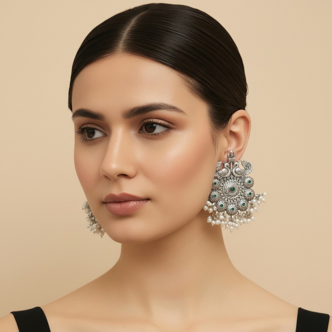 Trishul Oxidised Earrings - Green