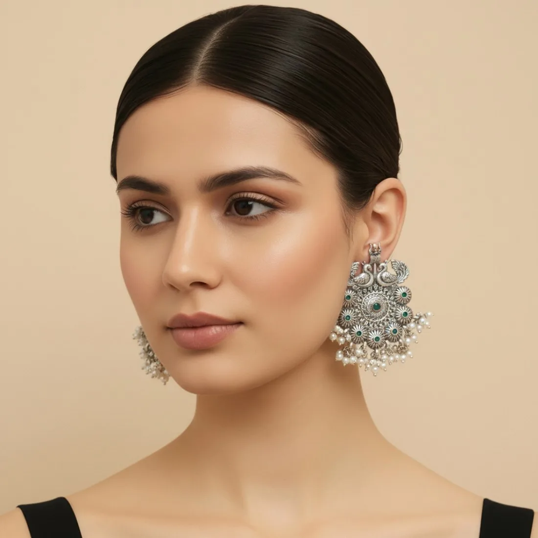 Trishul Oxidised Earrings - Green