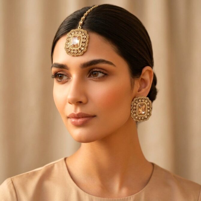 Champagne Color Earrings with Maangtikka Set-04