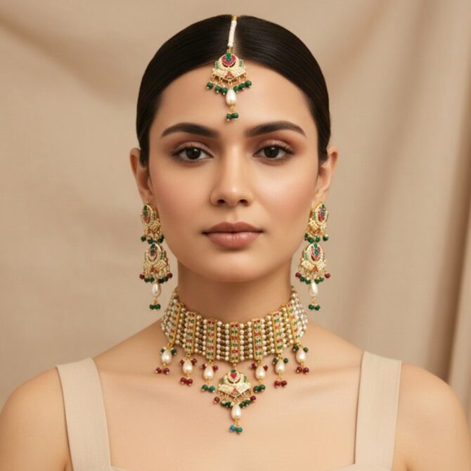 Multicolor Jadau Choker Necklace-06 Multicolor Jadau Choker Necklace