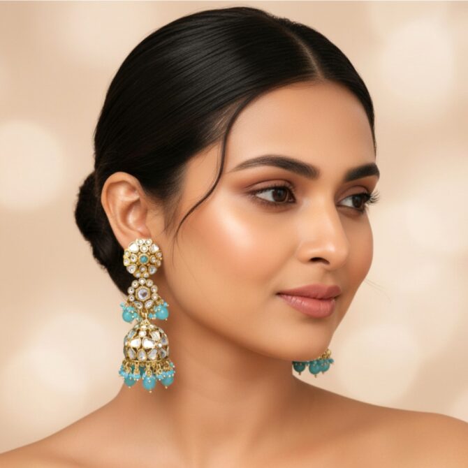 Zainab Blue Kundan Jhumka Earrings-06