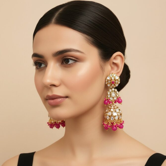 Zainab Pink Kundan Jhumka Earrings-05