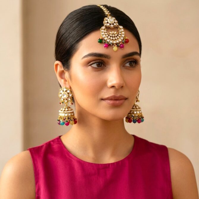 Nafisa Earrings and Maangtikka Set – Multicolor