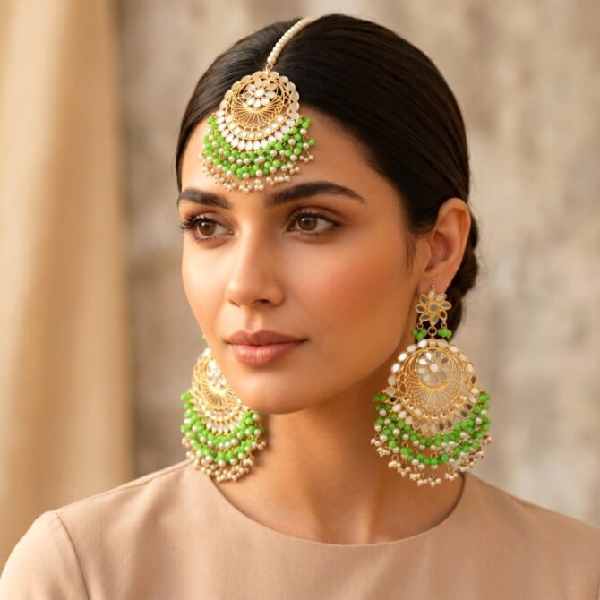 Green Mirror Earrings with Tikka-06 Green Mirror Earrings with Tikka