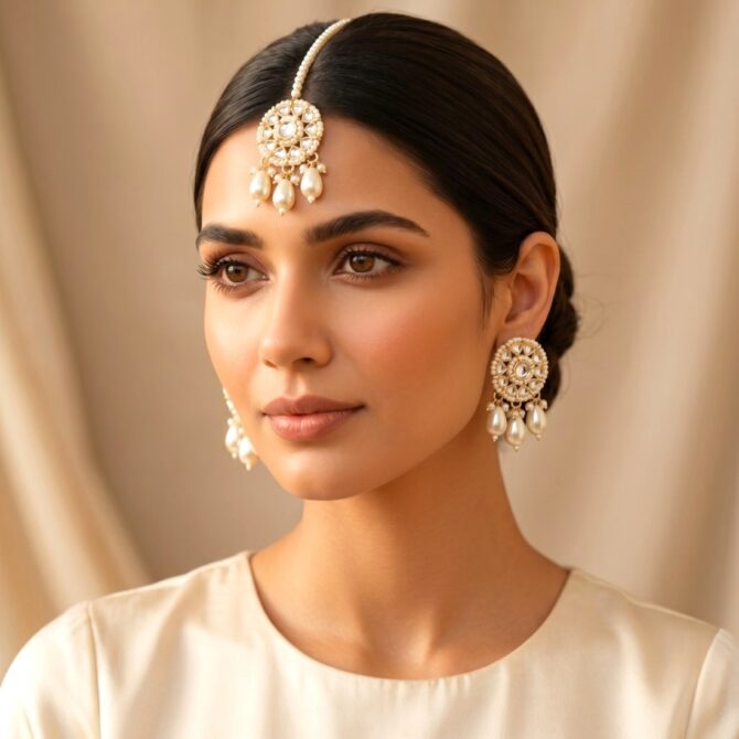 Traditional White Maangtikka and Earrings Set-05