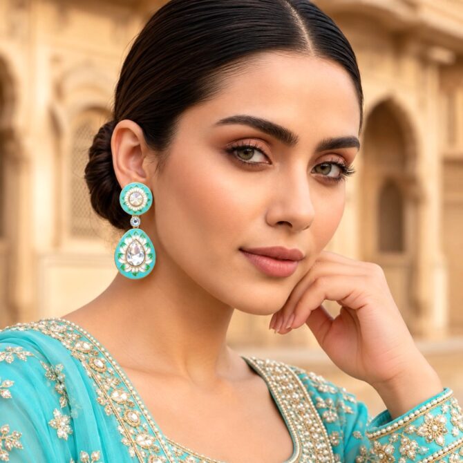 Blue Enamel Kundan Earrings