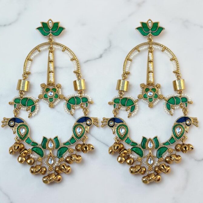 Green Meenakari Chandbali Earrings