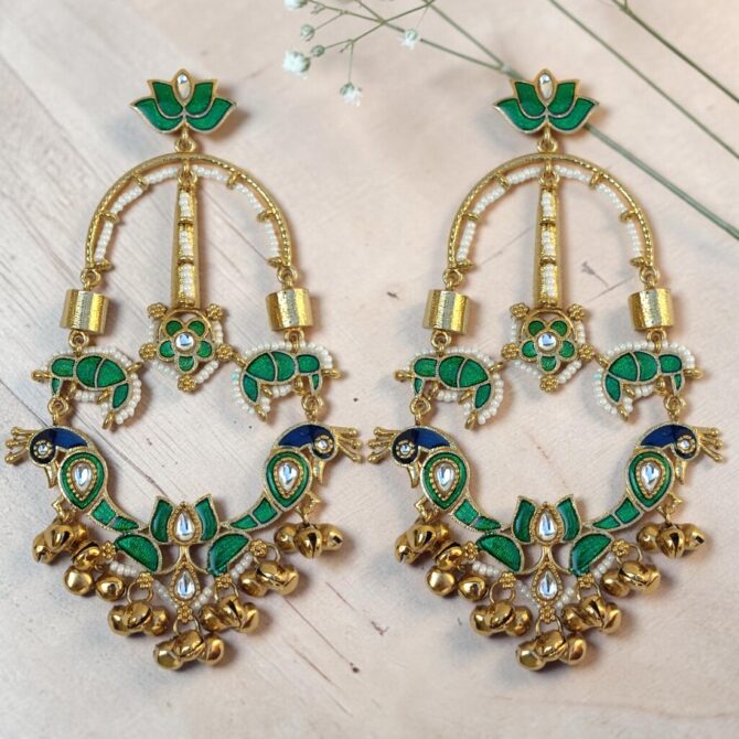 Green Meenakari Chandbali Earrings