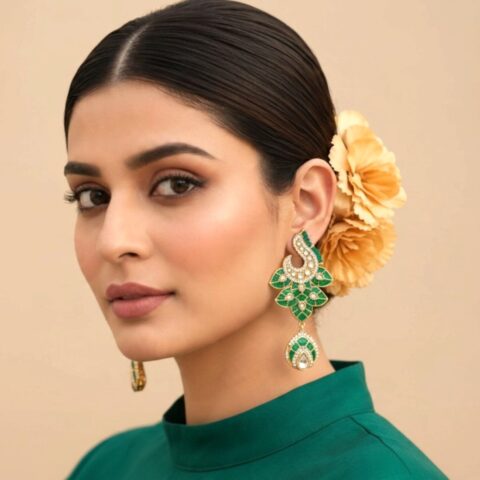 Noor-e-Shahi Green Kundan Statement Earrings